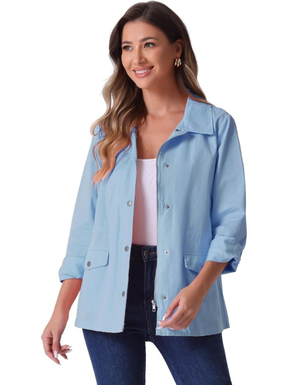 Women's Blue Zip Up Snap Buttons Drawstring Waist Pockets Anorak Utility Jacket